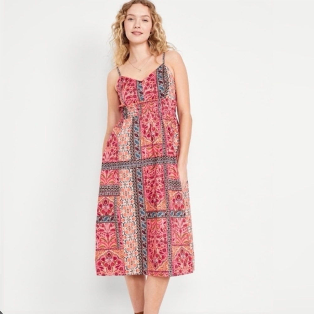 Old Navy Pink Patchwork Midi Dress Boho Tropical NWT Size S Vacation Resortwear
